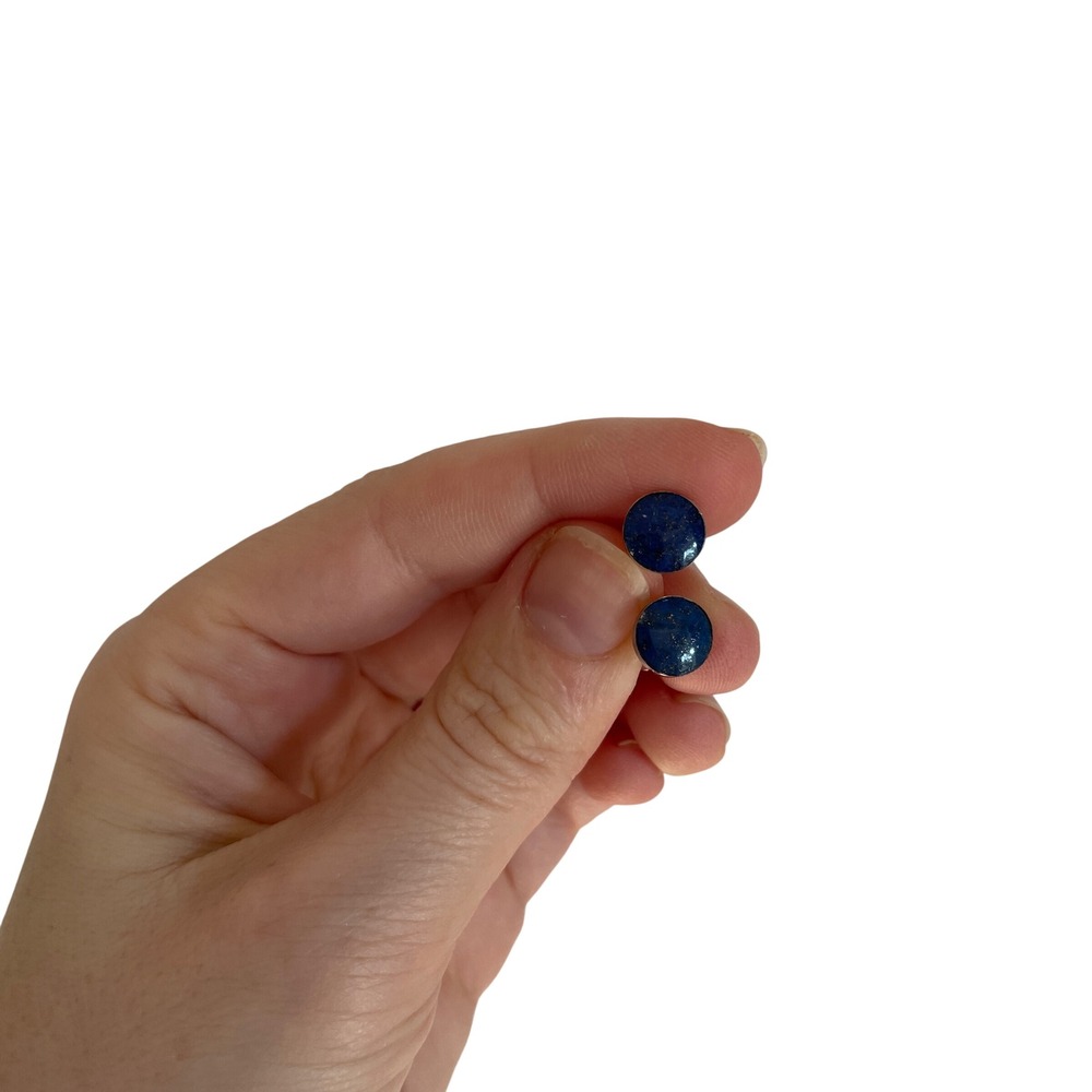 Round Lapis Lazuli Stud Earrings, Sterling Silver,‎ Blue Gemstone